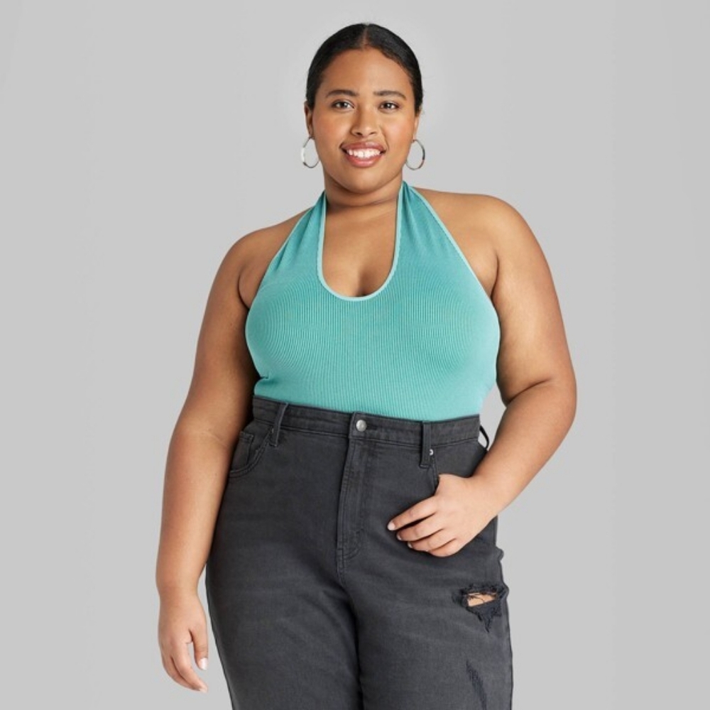 NWT Wild Fable Seamless Halter Backless Stretch Teal Blue Thong Bodysuit Size XL